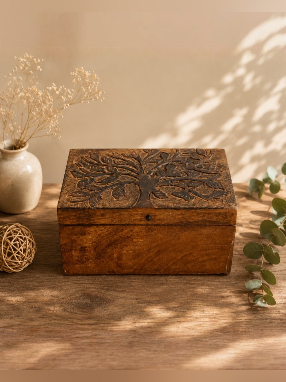 Hand Carved Solid Wood Keepsake Box – Tree of Life Decorative Storage Box